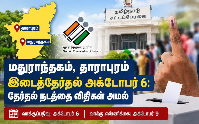 மதுராந்தகம், தாராபுரம் தொகுதிகளுக்கு அக்டோபர் 6-ல் இடைத்தேர்தல்: தேர்தல் நடத்தை விதிகள் அமல்! 1 file 0000000079f88211997115398481c562 1 மதுராந்தகம், தாராபுரம் தொகுதிகளுக்கு அக்டோபர் 6-ல் இடைத்தேர்தல்: தேர்தல் நடத்தை விதிகள் அமல்!