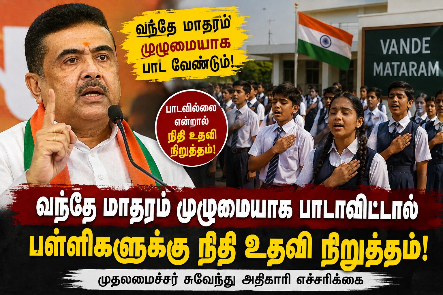 வந்தே மாதரம் முழுமையாக பாடாவிட்டால் பள்ளிகளுக்கு அரசு நிதியுதவி நிறுத்தம்: சுவேந்து அதிகாரி எச்சரிக்கை!